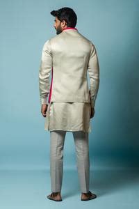 Buy Grey Linen Satin Aari Work Noaa Patchwork Bundi For Men by Paarsh ...