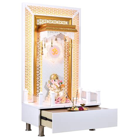 Wooden Designer Mandir For Home In Glossy White Glass Acrylic Color ...