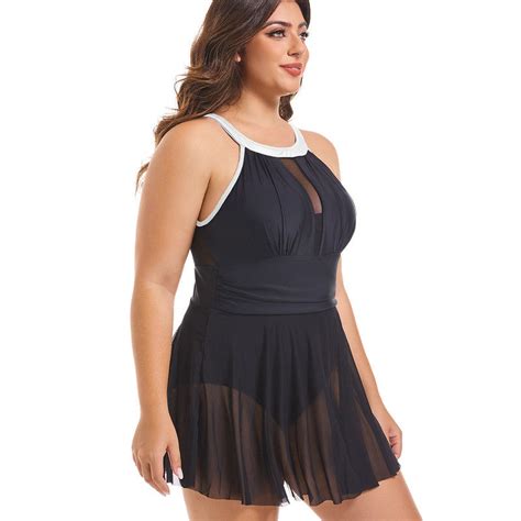 Plus Size One Piece High Neck Mesh Insert Swimsuits Black – Plus Curvves
