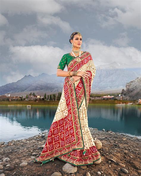 Sangeet Wear Cream Gajji Silk Bandhej Kutchi Work Ethnic Indian Saree ...