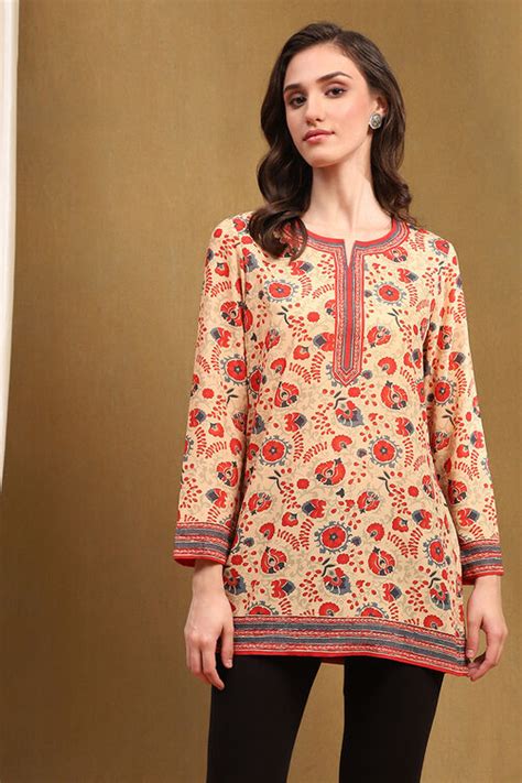 Ecru and Red Floral Printed Regular Fit Straight Kurti at Biba India