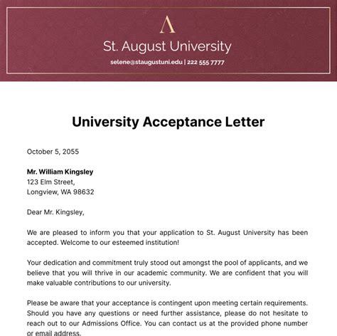 Free University Acceptance Letter Template to Edit Online