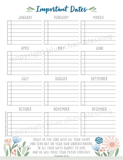 Important Dates Template