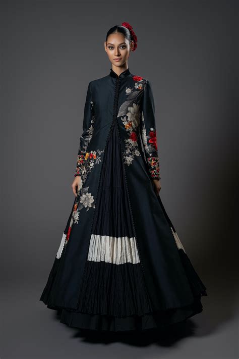 Black Chanderi Silk Floral Printed & Embroidered Long Jacket