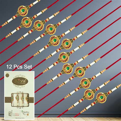 Combo Pack of 12 Designer Rakhis with Green Center Stone, Red Enamel A