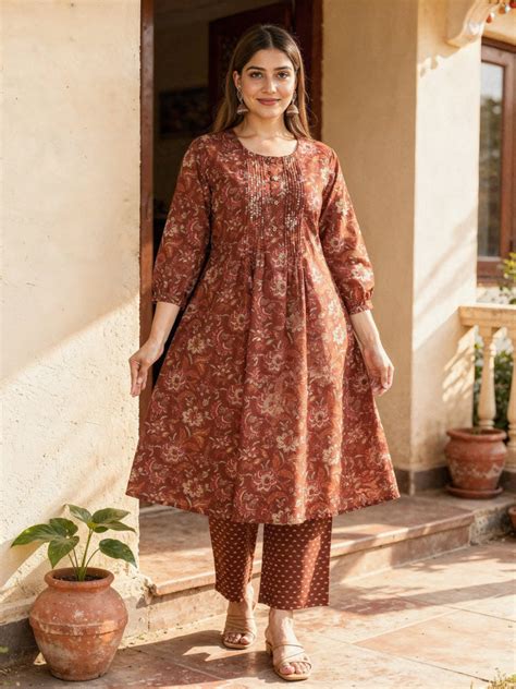 Buy Embroidered Soft Cotton Floral Flared Brown Kurta, Trousers ...