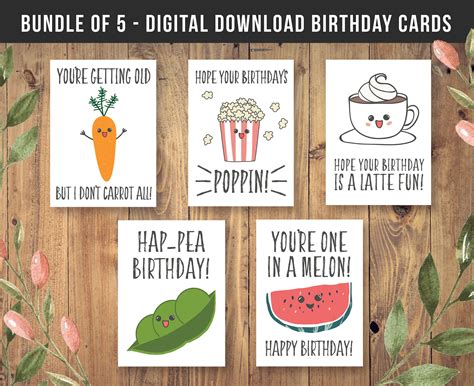 DIGITAL DOWNLOAD BUNDLE of 5 - Food Pun Birthday Cards. Funny Happy ...