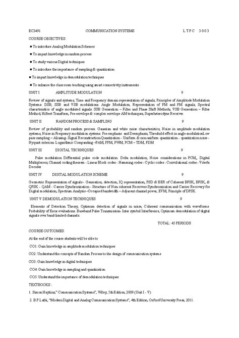 EC3491 Communication Systems Syllabus: Modulation, Sampling ...