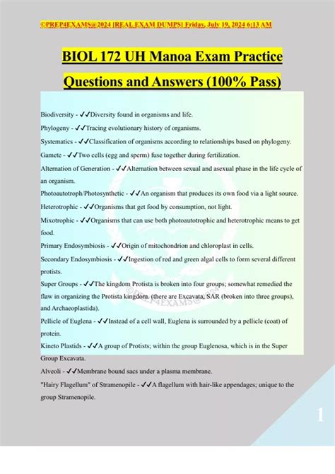 BIOL 172 UH Manoa Exam Practice Questions and Answers (100% Pass) - UH ...