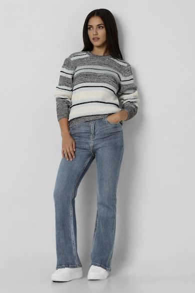 Buy Women Grey Stripe Round Neck Sweater Online - 39828907 | Van Heusen