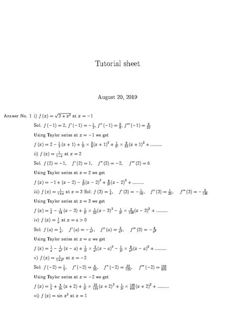 1 Calculus Tutorial Sheet Solutions - Tutorial sheet August 20, 2019 ...