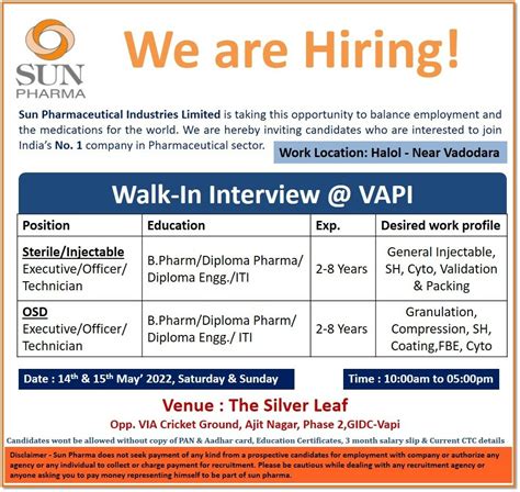 Sun Pharma - Walk in on 14th & 15th May 2022 for below position at Vapi