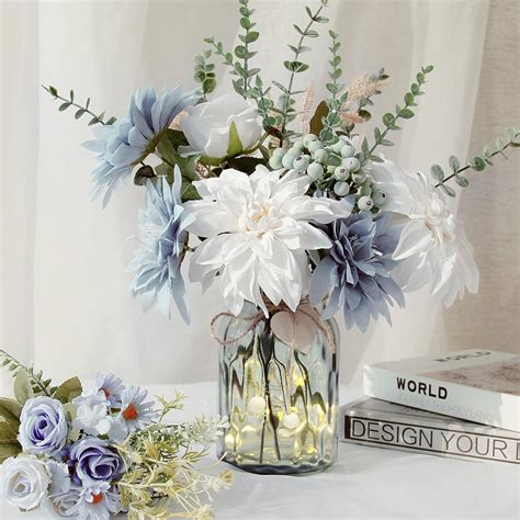 Amazon.com: Fake Flowers with Vase, Silk Dusty Blue Rose Hydrangea ...