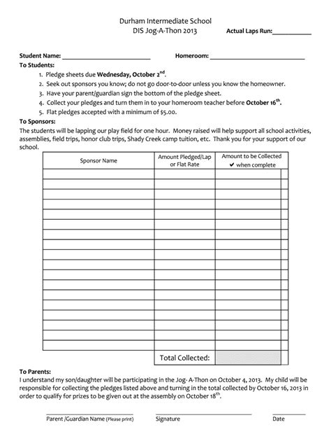 Fillable Online Durham Intermediate School DIS Jog-A-Thon 2013 Total ...