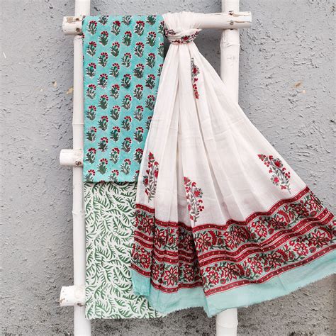 ROZANA - Pure Cotton Top Bottom And Dupatta Suit Piece Sea Blue With R ...