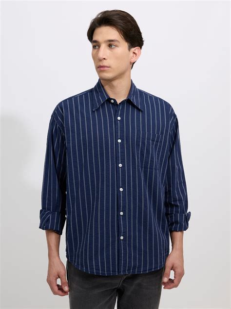 Cullen - Casual Striped Shirt - Navy Blue – Espanshe