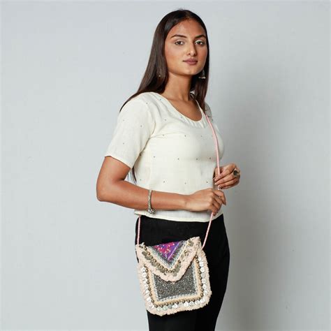 Beige Banjara Vintage Embroidery Bead & Coin Work Sling Bag