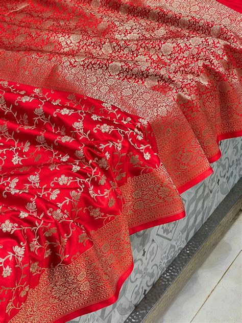 Red Banarasi Periwinkle Floral Saree