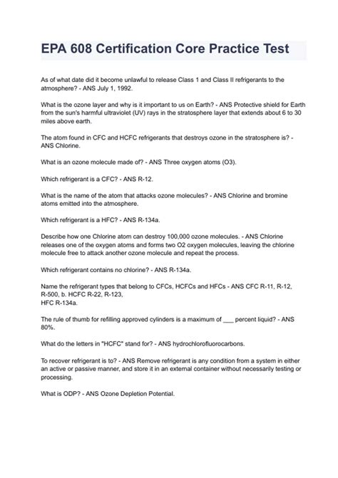 EPA 608 Certification Core Practice Test 2024 Questions & Correct ...