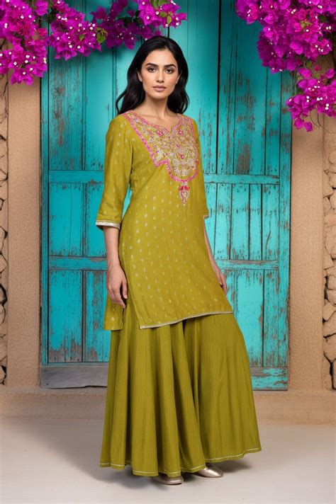 Buy Green Self Design Sequined Straight Yarn Dyed Kurta with Palazzo ...