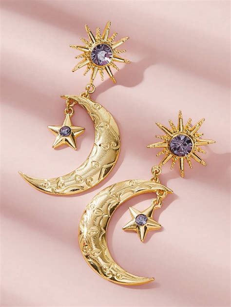 1pair Women's Unique Design Gold-color Sun, Moon And Stars Shaped Blue ...