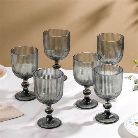 Ribbed Wine Glass Goblet Ash Grey Set Of 6 350ml Online - Premium Wine ...
