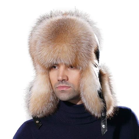 URSFUR Winter Mens Trapper Hat Real Leather and Fox Fur Russian Ushanka ...