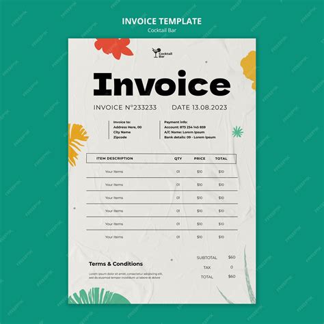 Cocktail bar with delicious drinks invoice | Premium PSD