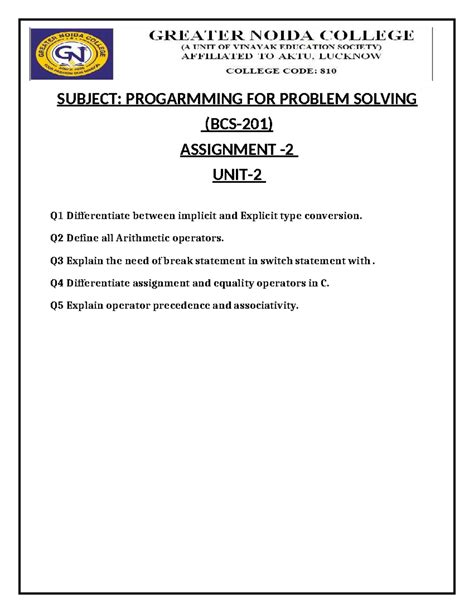 Programming for Problem Solving Assignment - 1: Type Conversion ...