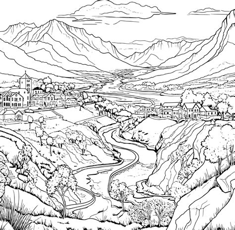 A drawing of a mountain valley with a river and mountains in the ...