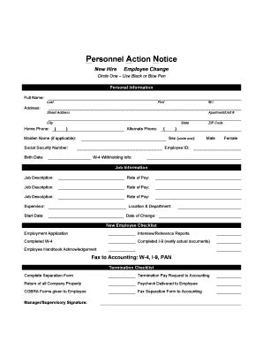 Personnel Action Notice - Blank Fillable Template | Fill Out, Print ...