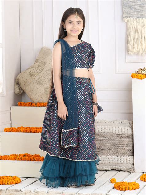 Cutiekins Sequinned Lehenga Choli & Dupatta Set-Teal Blue & Golden