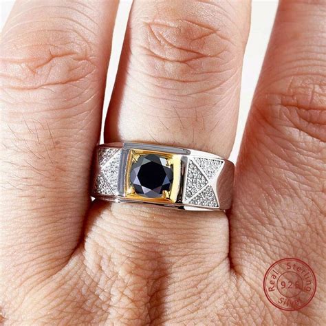 Hallmarked Two Tone Silver Ring With Black Diamond For Men – Zarkan