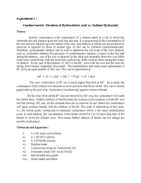 170 - Conductometric Titration of HCl with Standard NaOH Solution - Studocu
