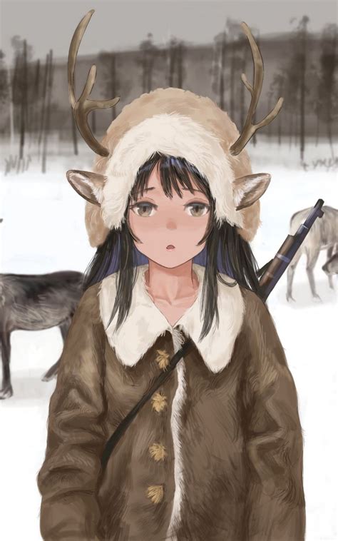 Download wallpaper 800x1280 girl, deer, horns, gun, anime, art samsung ...