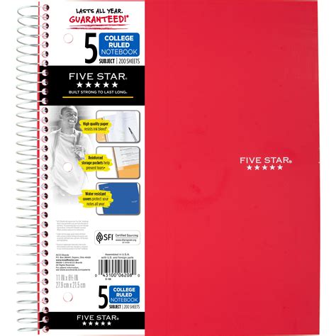 Five Star 5 Subject College Ruled Spiral Notebook - Red – BrickSeek