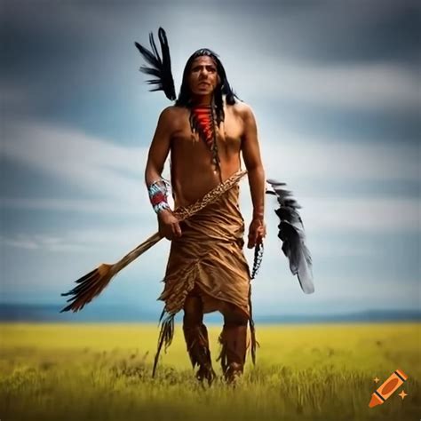 Full-length image of four Native American warriors in a meadow on Craiyon