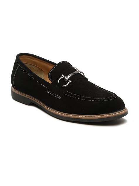Men's BLACK Suede Leather Loafers With Antique Silver Buckle – Teakwood ...