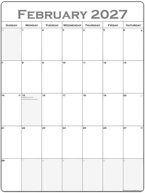 February 2027 Vertical Calendar | Portrait