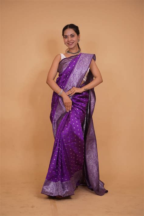 Gorgeous Purple Banarasi Soft Tissue Silk with Allover Zari Weaving ...