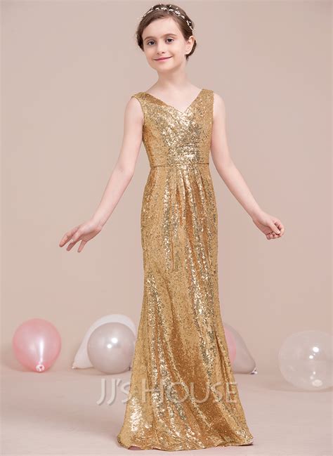 A-Line/Princess V-neck Floor-Length Sequined Junior Bridesmaid Dress ...