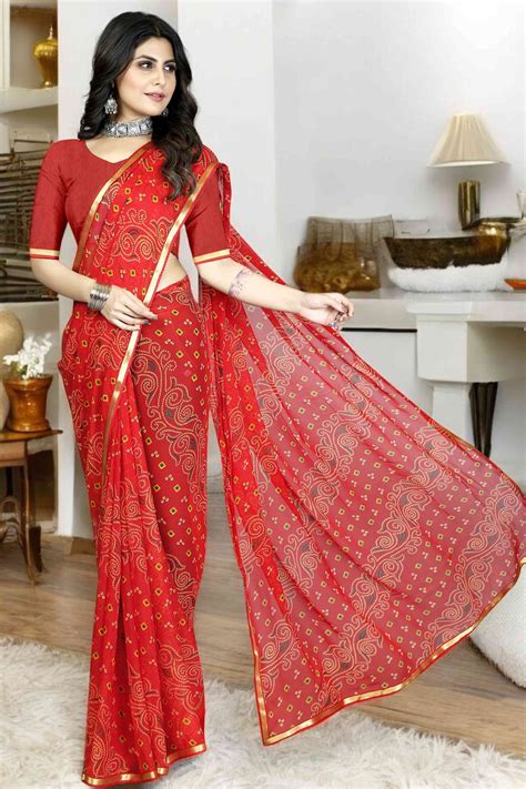 Red Bandhani Printed Chiffon Saree With Lace Border