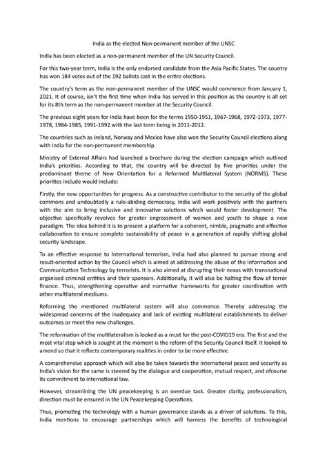India UNSC - Based on the current affairs - India as the elected Non ...