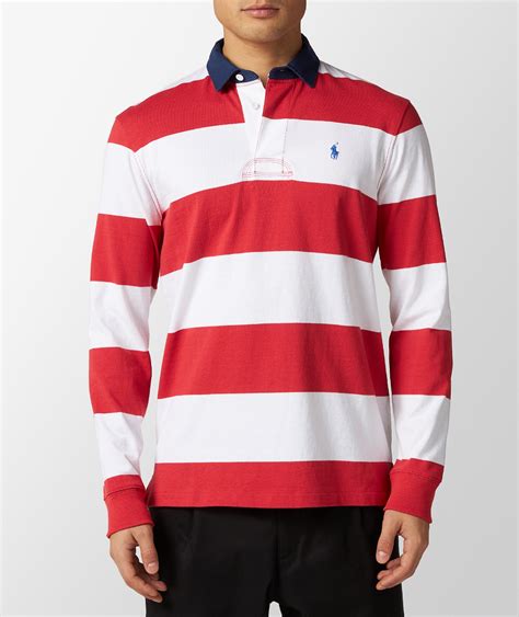 Polo Ralph Lauren Block Stripe Rugby Long Sleeve Polo Shirt in Red | SVD UK