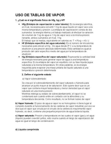 2do problemario terminado - USO DE TABLAS DE VAPOR ¿Cuál es el ...