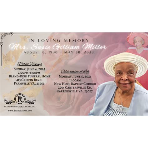 Susie Mae Gilliam Miller Obituary in Farmville at Bland-Reid Funeral ...