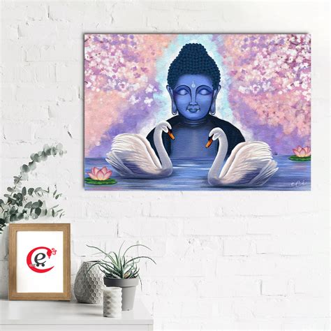 Meditating Gautam Buddha with Couple Swan Original Design Canvas ...