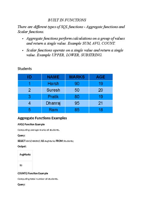 Built-in SQL Functions: Aggregate & Scalar Examples - AI ML BDU - Studocu
