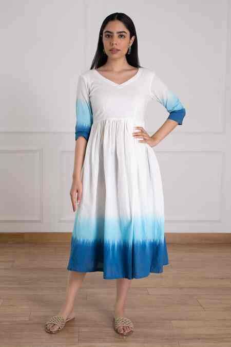 Buy White Cotton Tie Dye V Neck Shaded Dress For Women by Pheeta Online ...