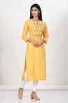 Buy Yellow Cotton, Silk Embroidery Round Neck Floral Motif Kurta For ...